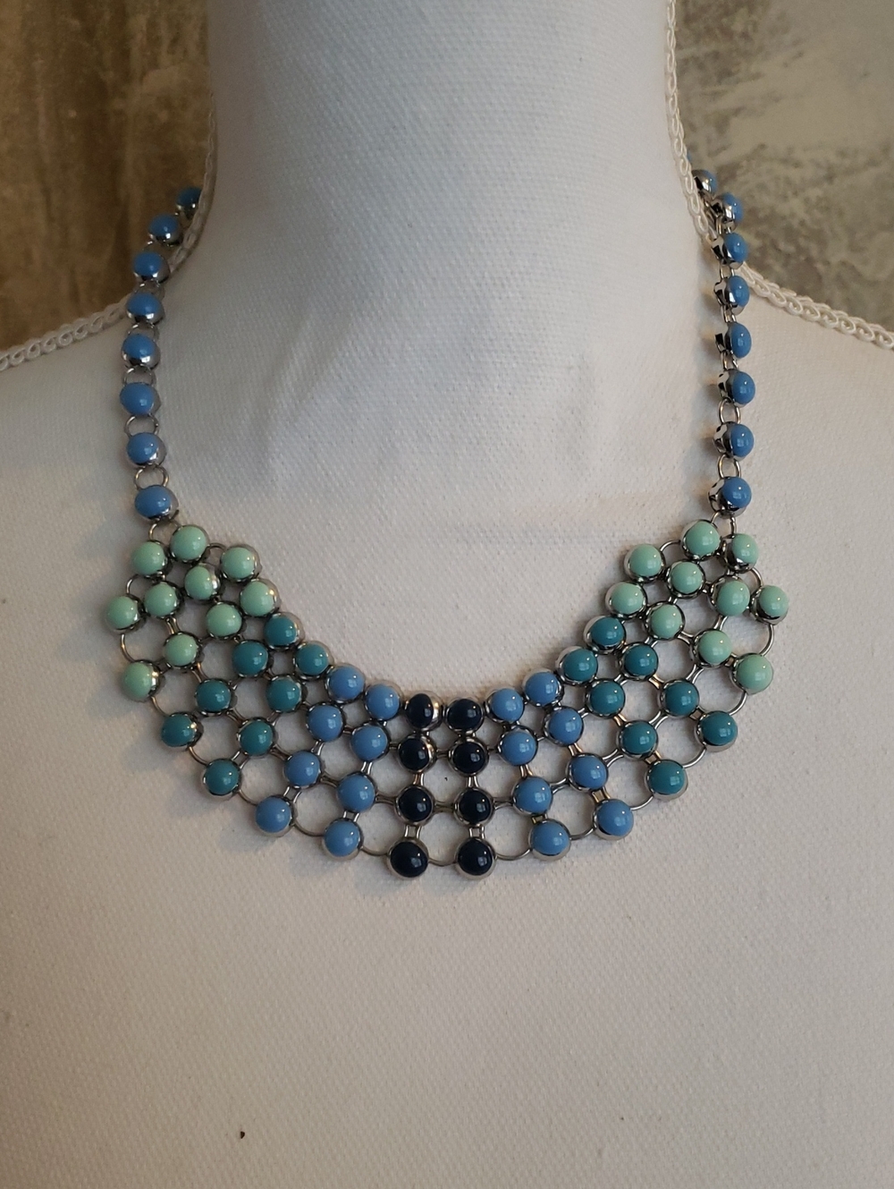 2 pcs Blue & Mint Graduated Cabochon Bib Necklace And Blue And Green Necklace
